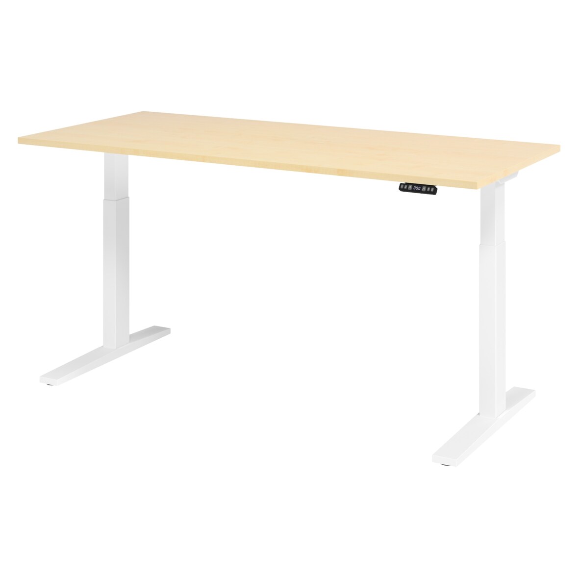 bümö elektrisch höhenverstellbarer Schreibtisch 180x80 cm in Ahorn, Gestell weiß - Sitz & Stehschreibtisch mit Memoryfunktion, elektrischer Stehtisch