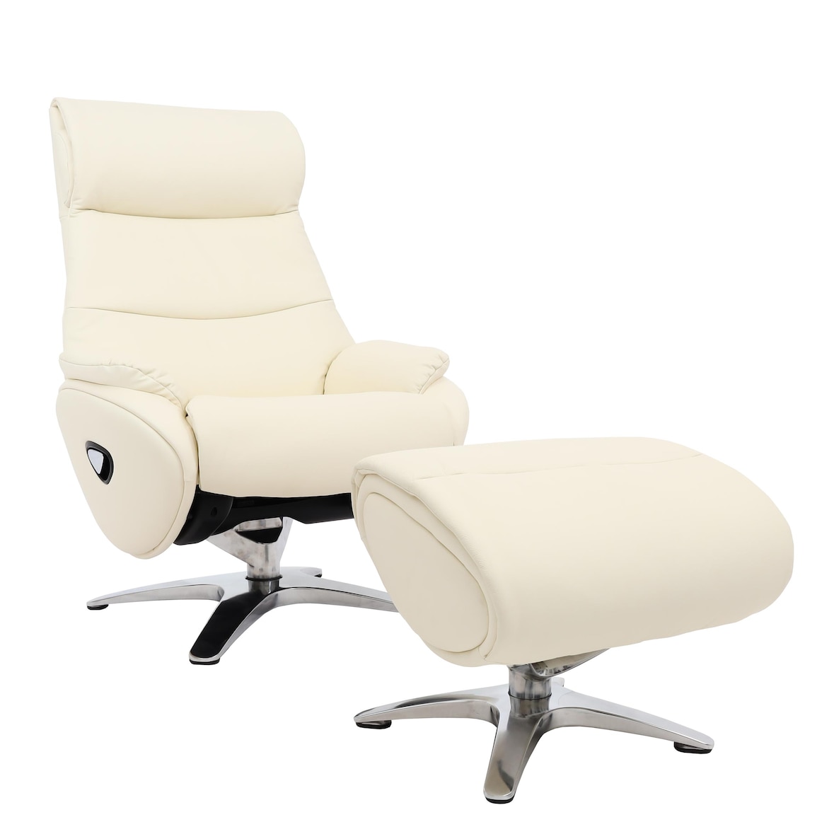 Relaxsessel mit Hocker HWC-K98, Fernsehsessel Sessel, Liegefunktion drehbar, Metall Echtleder/Kunstleder ~ creme-weiß