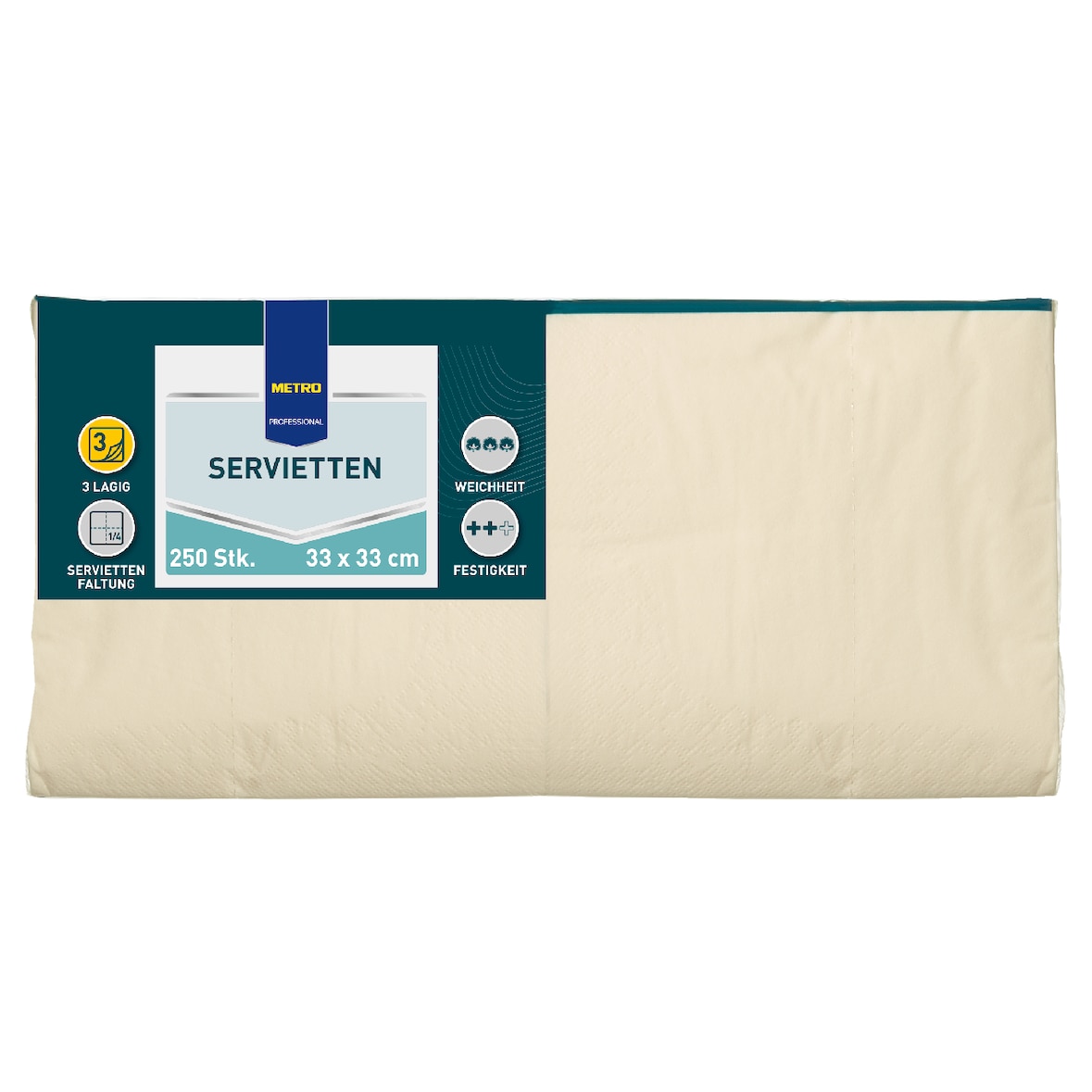 METRO PROFESSIONAL Servietten, 33 x 33 cm, 1/4 Falz, 3-lagig, beige, 4 x 250 Stück