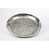 thumbnail of Tablett rund, verziert, Groß Höhe 5,0 cm Durchmesser 55,0 cm Gewicht 1,10 KG Aluminium vernickelt