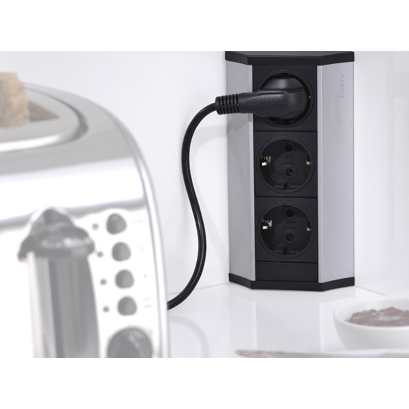 EVOline V-Dock Cuisine 3-fach Steckdosenleiste für Ecken in Küche oder Bad, silber