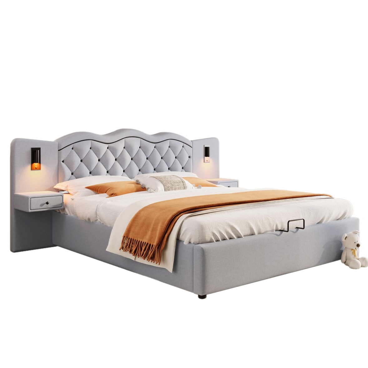 Merax Polsterbett, Hydraulisches Doppelbett 180x200cm mit Nachttischlampen USB-Anschluss, Grau