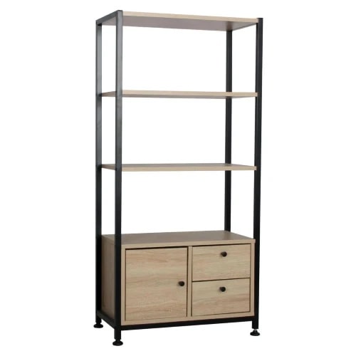 Casa Collection Boekenkast van hout 58x30x122 cm met 2 planken, 1 deur en 2 laden, ruimtebesparend meubel voor woonkamer, eiken