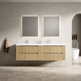 thumbnail of Badezimmer-Waschtisch 53×160×46 cm mit 2 integrierten Waschbecken aus Kunststein im weißen Eichen-Look, mit Soft-Close-Schubladen