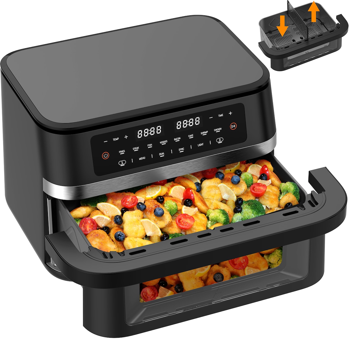 Heißluftfritteuse XXL 2 karmmern, Airfryer mit Sichtfenster & Beleuchtung, Doppelkammer + abnehmbare Trennwand, Sync-Funktion, LED-Touch, 8 Programme