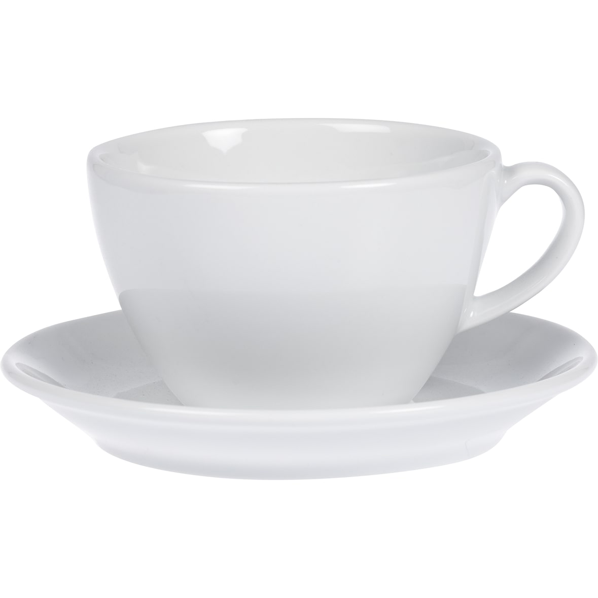 6 x Milchkaffee-Tasse BISTRO, Inhalt: 0,4 ltr., mit Untertasse, aus Porzellan, UNI WEISS, Henkelform rund, Höhe: 7,6 cm