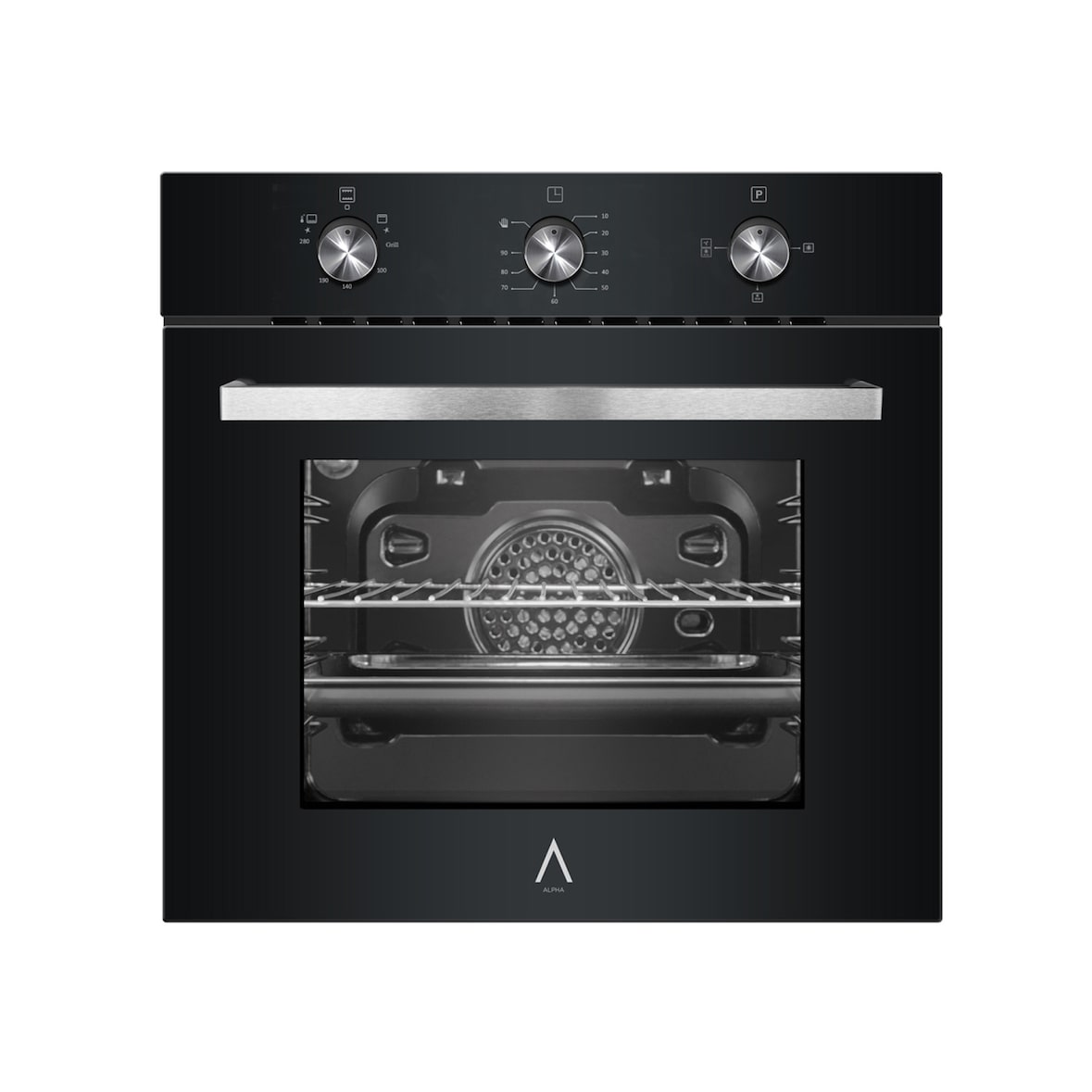 ALPHA Horno de Gas NEPTUNO ELITE GAS Cristal Negro. Encendido Automático, Termostato, Ventilador y Reloj