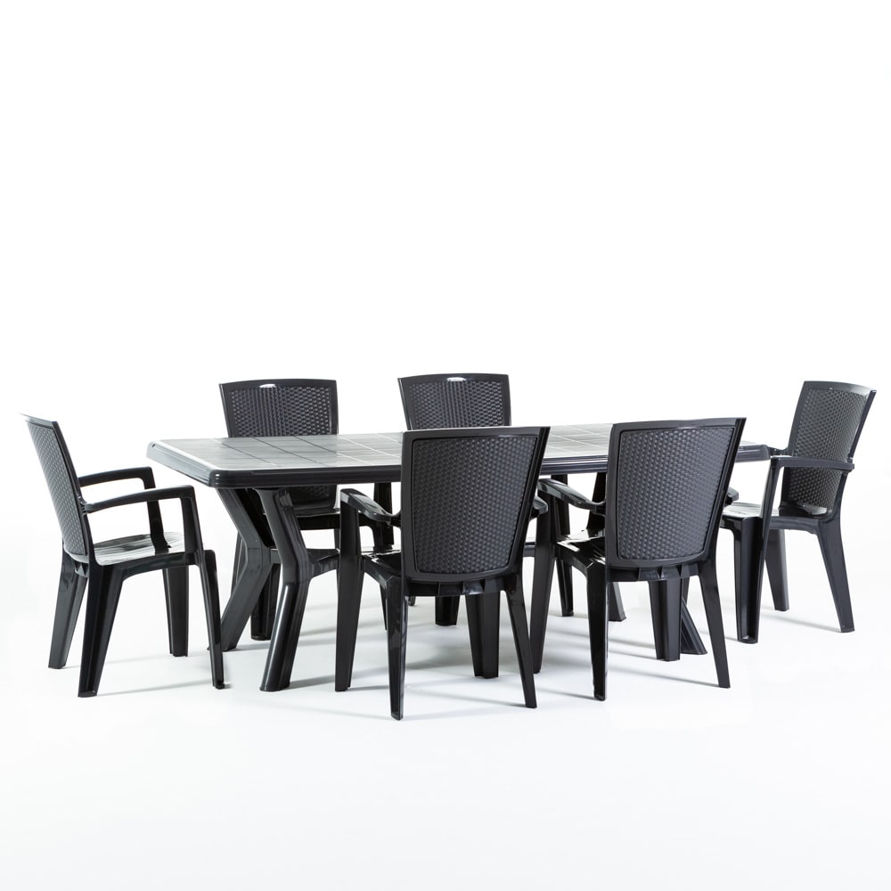 Ensemble repas de jardin composé de la table rectangulaire en résine Samuel, 6 chaises en résine monobloc empilables effet rotin Diana - Noir/Noir