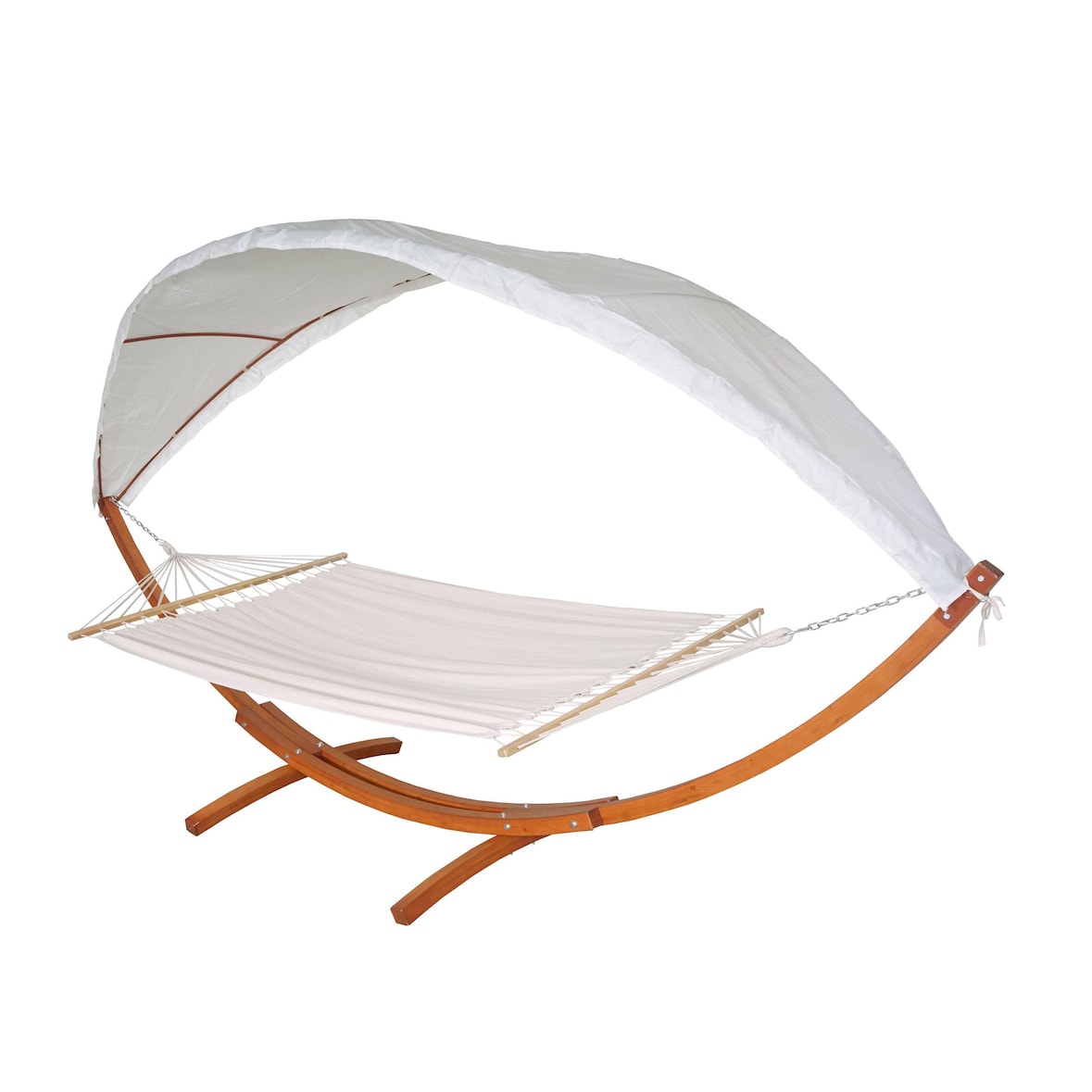 Amaca HWC-J47, altalena sospesa fino a 200 kg tettuccio parasole MVG struttura in legno 420 cm 2 persone ~ marrone, bianco panna