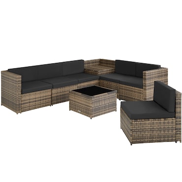 TECTAKE Conjunto de mobiliário em rattan sintético Verona com almofadas para 6 pessoas, para exterior e jardim, cor natural