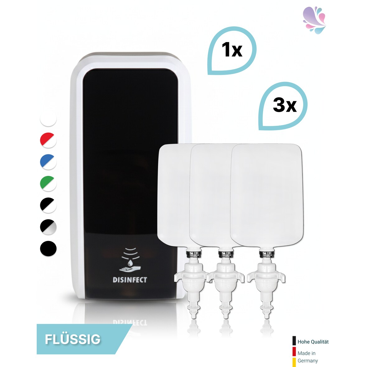 SET: Desinfektionsspender SENSOR, berührungslos Blanc Cosmos + 3x 1-L Haut- und Händedesinfektion - PRODUKTSET : Farbe - Schwarz / Weiß