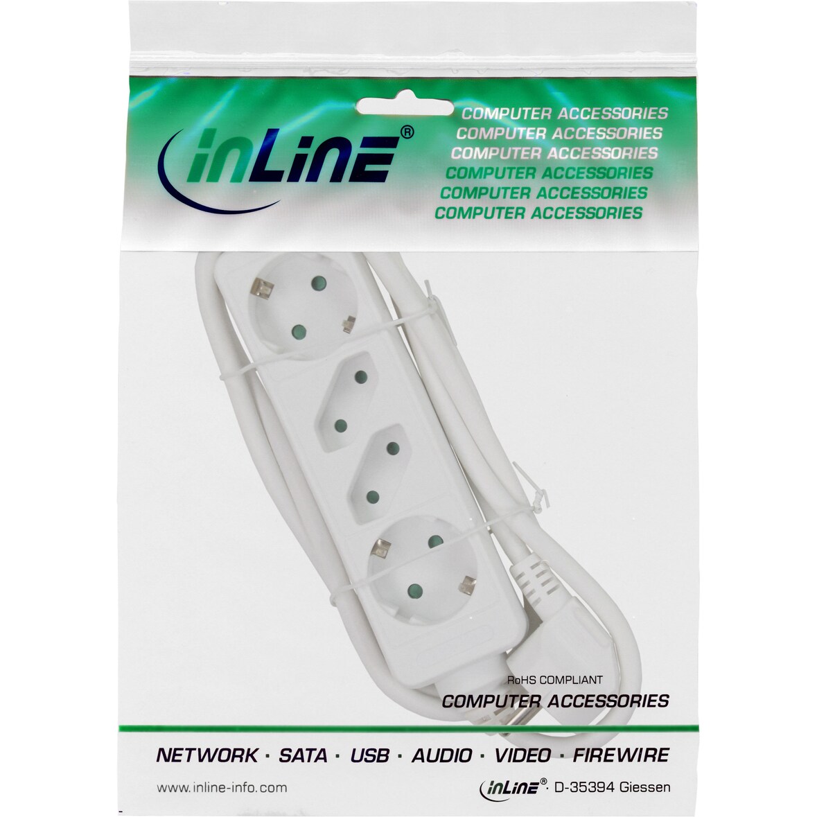 InLine® 16445W Steckdosenleiste, 4-fach, 2x Schutzkontakt + 2x Euro, 5m, weiß