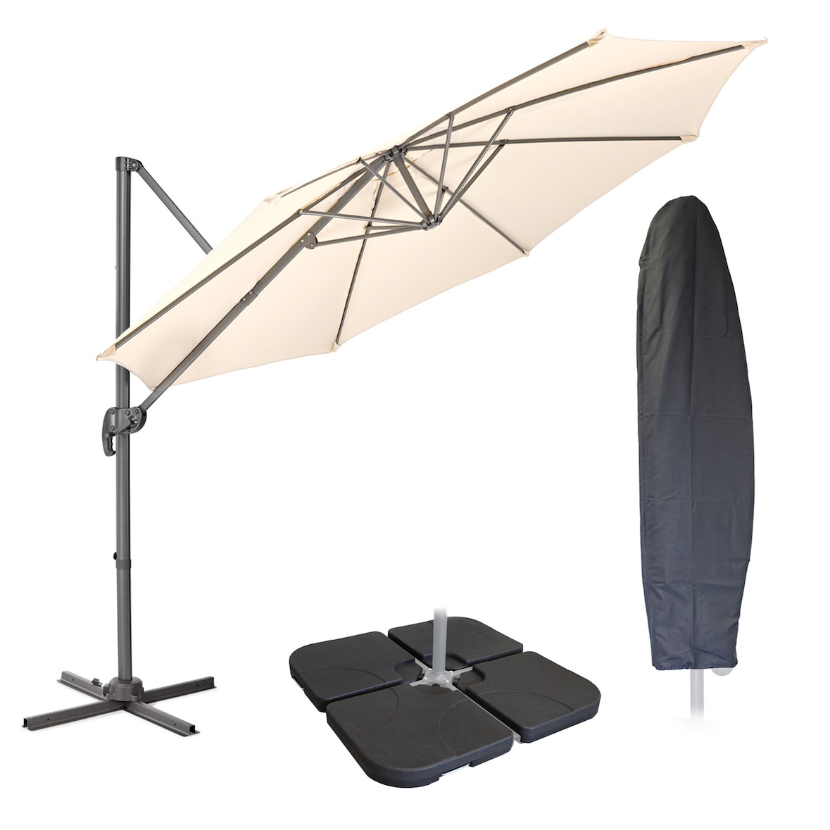 SVITA Zwenkparasol 3m met beschermhoes Parasolstandaard opvulbaar 4-delige kantelparasol Zwenkparasol Beige