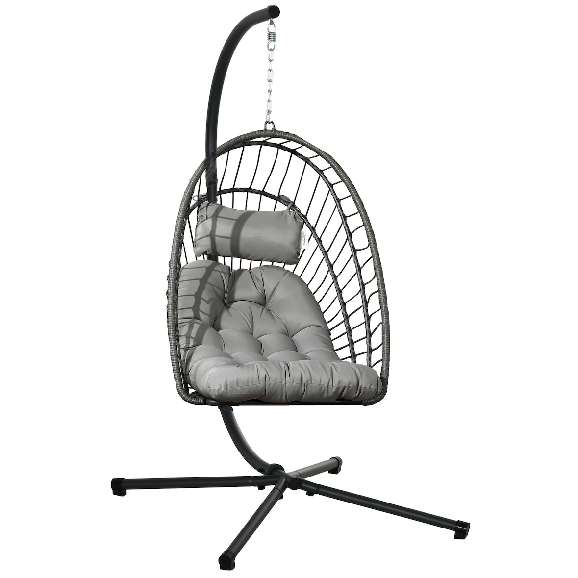Hängesessel Rattan mit Gestell und Kissen Hellgrau 100x131x194 cm klappbarer Korb pulverbeschichteter Stahlrahmen wetterfest