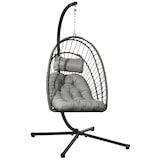thumbnail of Hängesessel Rattan mit Gestell und Kissen Hellgrau 100x131x194 cm klappbarer Korb pulverbeschichteter Stahlrahmen wetterfest