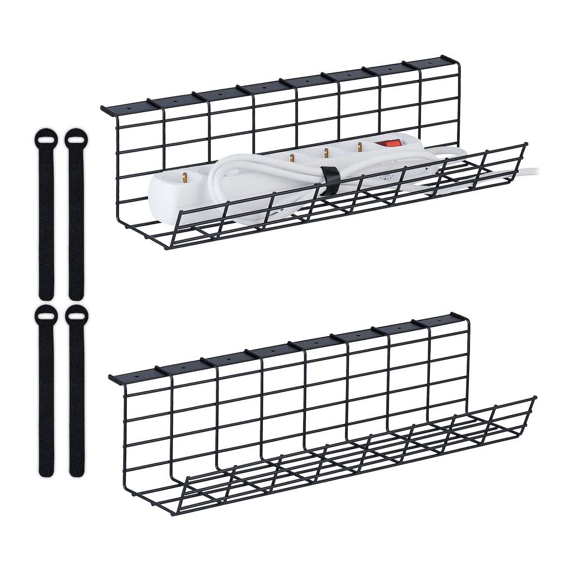 Relaxdays Kabelkanal Schreibtisch, 2er Set, Kabelmanagement, HBT: 11 x 43 x 14 cm, mit Kabelbinder, Kabelhalter, schwarz