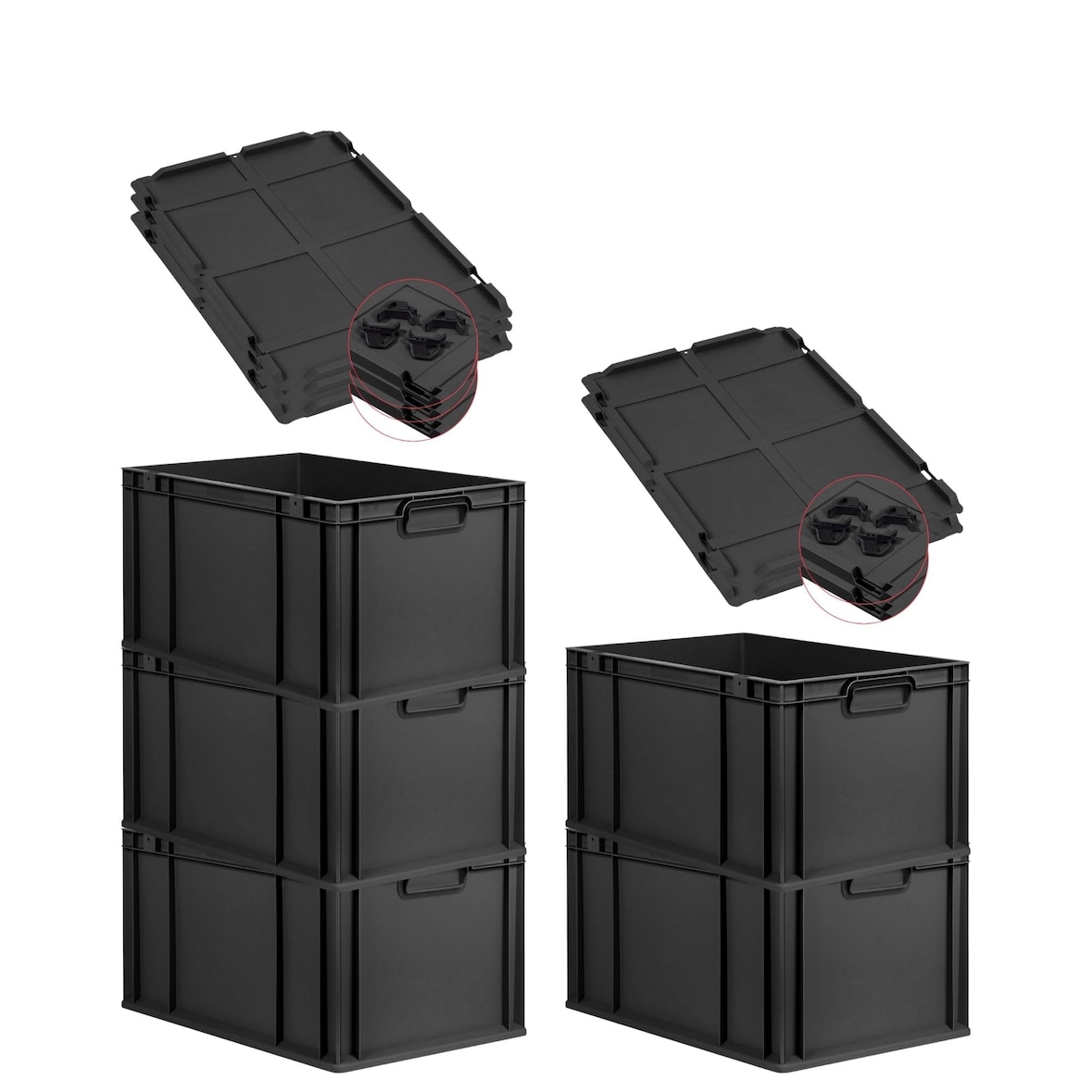 PROREGAL SparSet 5x Eurobox NextGen Grip mit Auflagedeckel & 4 schwarzen Verschlüssen, HxBxT 32x40x60cm, 65L, Schwarz, Griffe zu, Eurobehälter