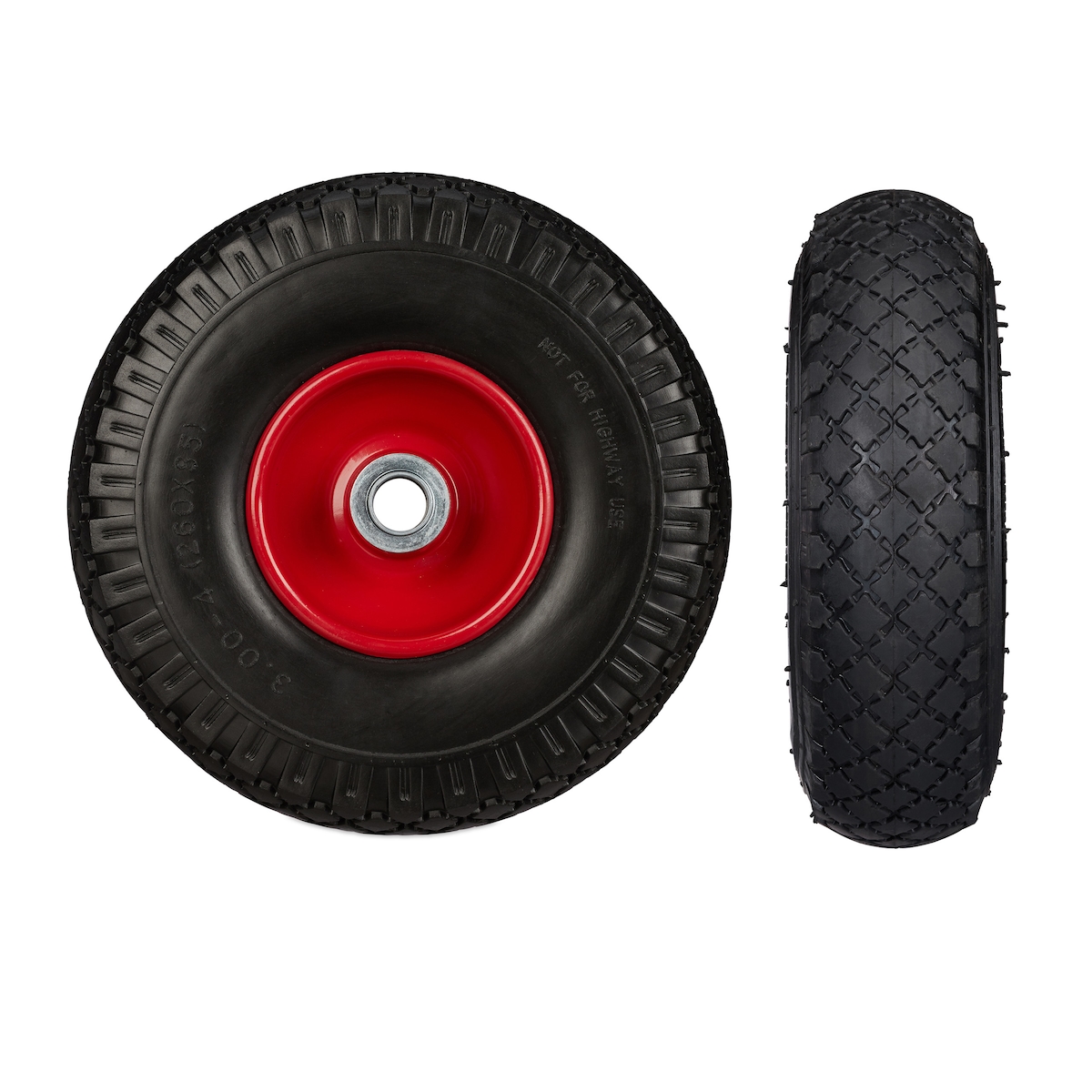 Relaxdays 2x Sackkarrenrad, pannensichere Vollgummireifen, 3.00-4" Stahlfelge, 20mm Achse, 100kg, 260x85 mm, schwarz-rot