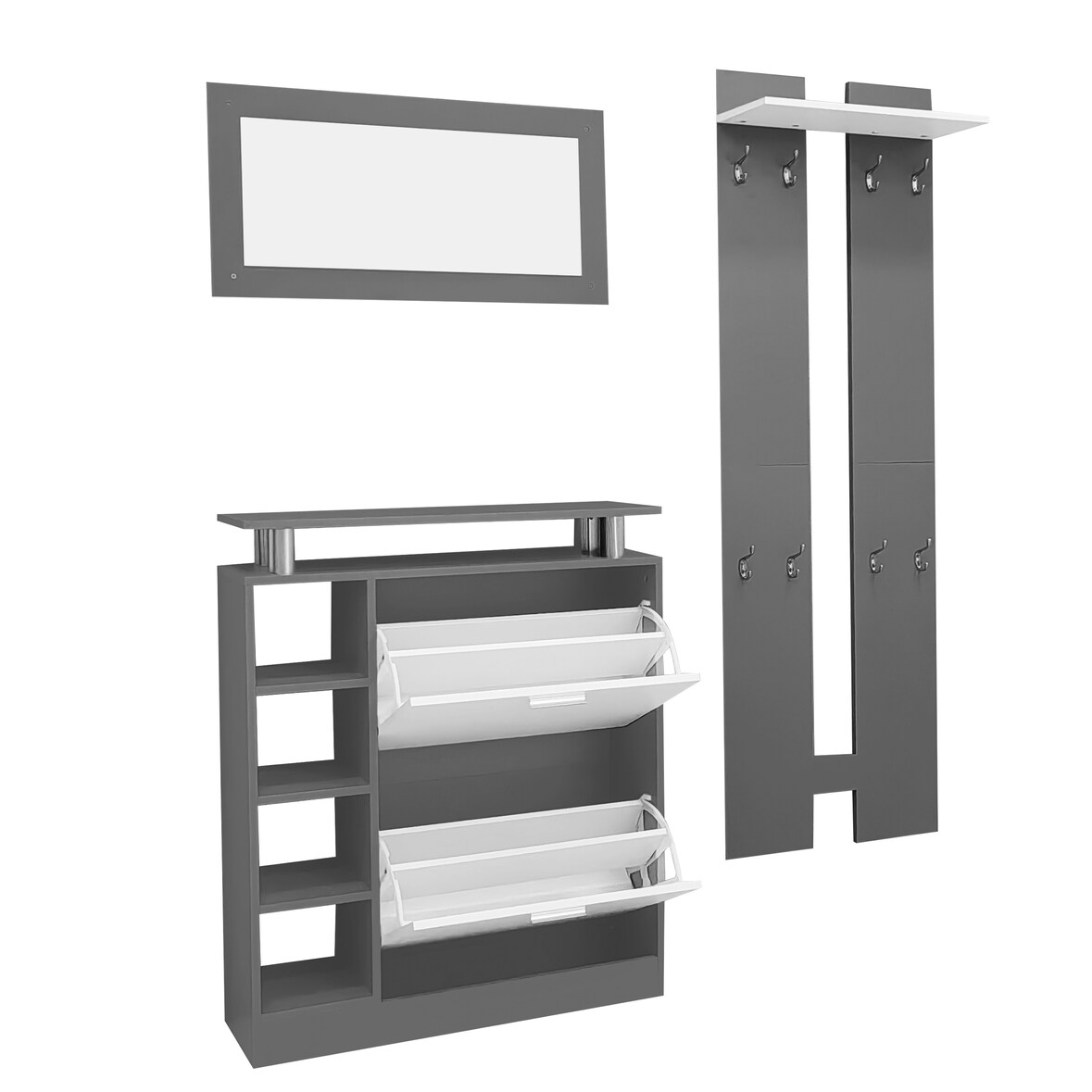Garderobenset Schuhschrank 2 Einlegeböden Wandpaneele Spiegel Ablage Verstellbar Aufbewahrung Foyer Flur Modern Grau 80x25x96