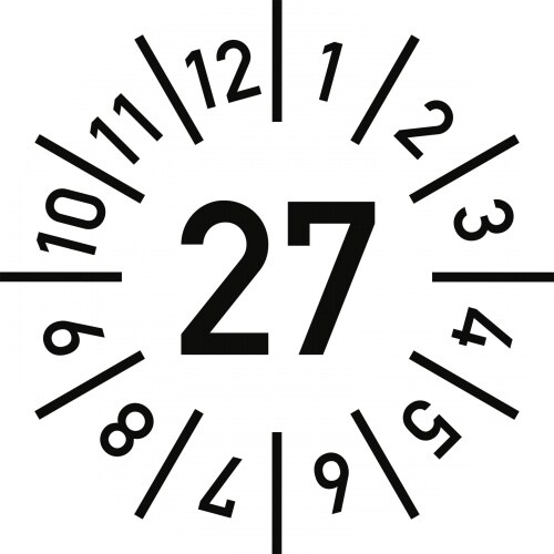 Dreifke® Prüfplakette Jahr 27 mit Monaten, weiß, Dokumentenfolie, Ø 20 mm, 10 St./Bo.