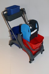 thumbnail of CleanSV© Aura2+ Reinigungswagen mit Ablage und 5 Liter Eimer, Wischwagen, Putzwagen aus Kunststoff, Profi Moppresse, 2 Eimer (rot / blau) und Deichsel