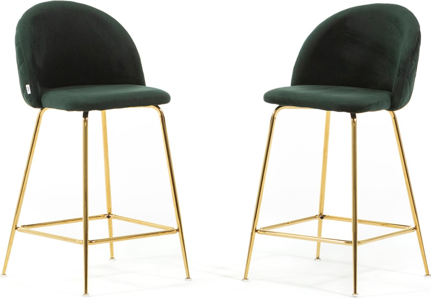 Set aus 2 Barhockern mit Samtpolsterung, Metallbeinen, H.65 cm – modernes elegantes Design – Sara XL – Dunkelgrün/Gold