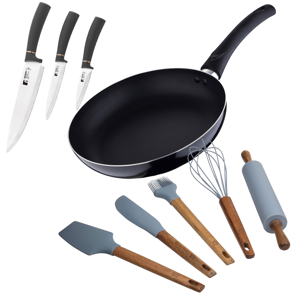 Chef sauce PIXEL - Frigideira de alumínio prensado de Ø24x4,5cm com 3 facas de aço inoxidável e 5 utensílios de cozinha de silicone