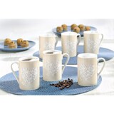 thumbnail of 6 x Kaffeebecher "FINE", Inhalt: 0,28 ltr., dünnwandiger, feiner Henkelbecher aus weißem Porzellan, mit beigefarbenem Druck, Motiv Herz