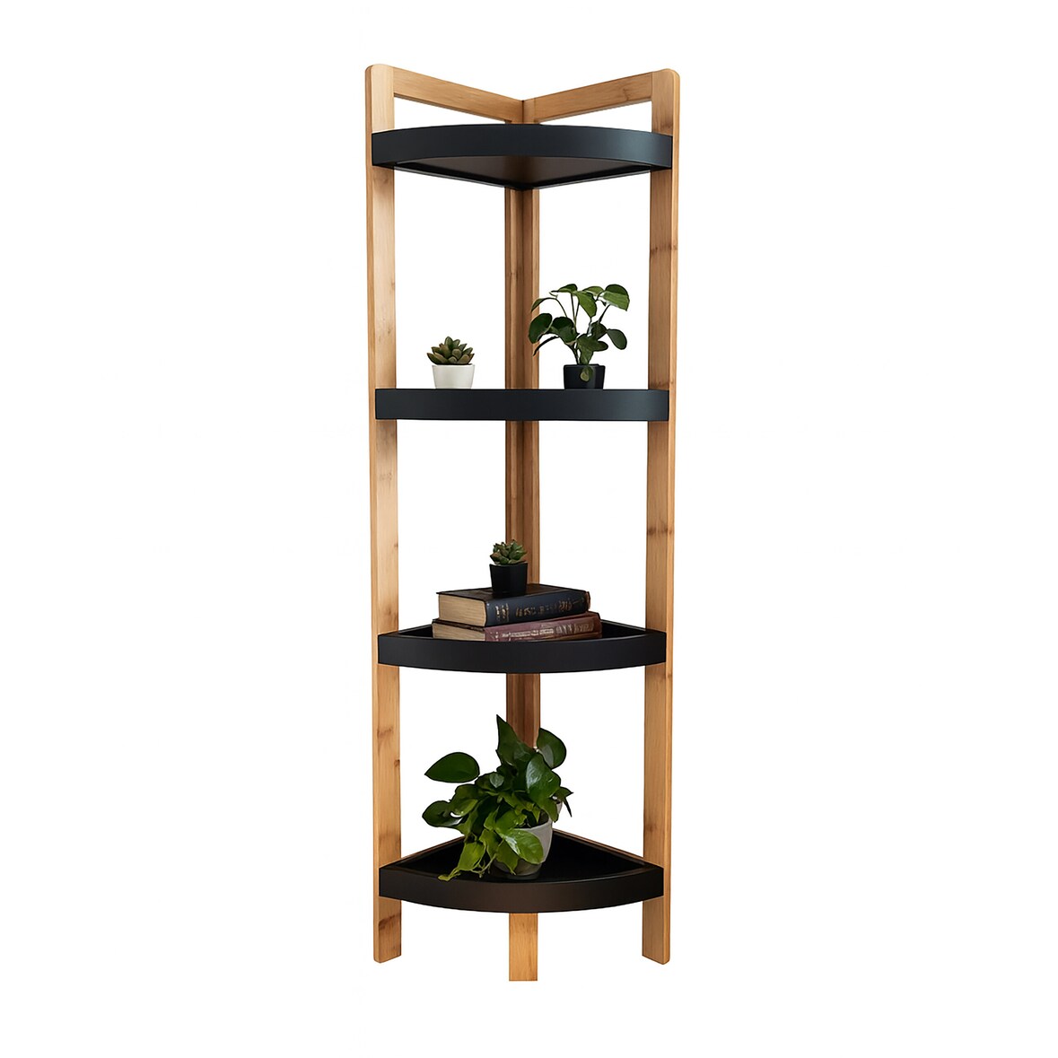 Relaxdays Eckregal Bambus, 4 halbrunde Ablagen, HBT: 105,5x23x23 cm, Standregal Bad & Küche, platzsparend, natur/schwarz