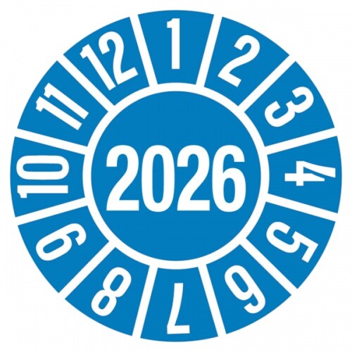 Jahresprüfplakette ab 26, blau/weiß Ø 35mm - Bogen = 10 Plaketten - 35 mm Folie selbstklebend