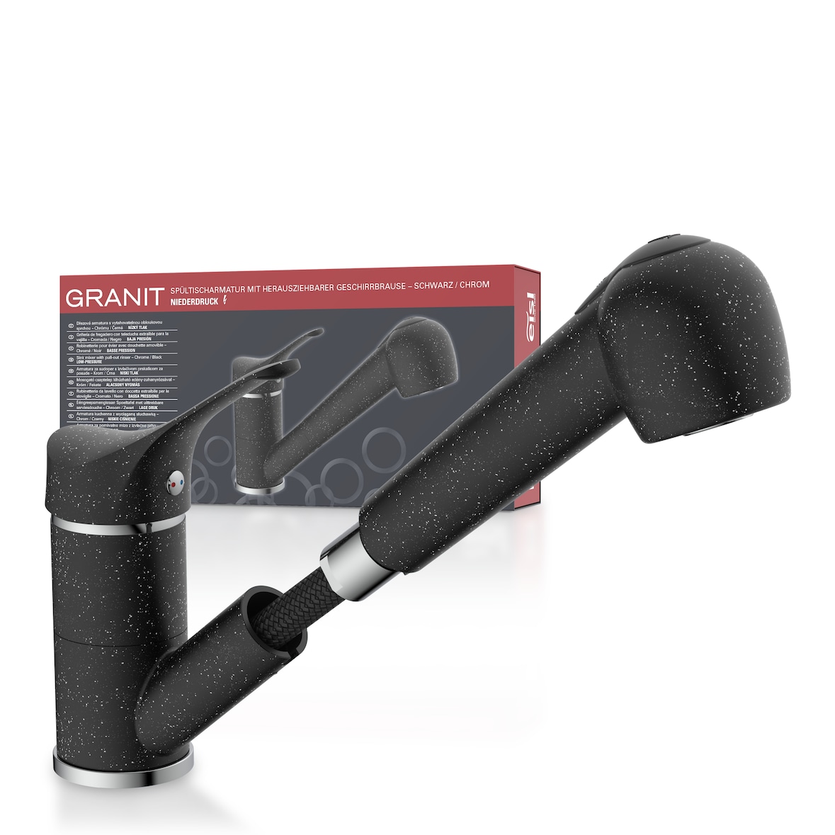 Küchenarmatur GRANIT mit Geschirrbrause, Wasserhahn Küche ausziehbar, Mischbatterie Küche, Spültischarmatur in Schwarz