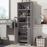 thumbnail of Badezimmer Hochschrank 160x58x29 cm Grau mit Glastür und Holzfront, 4 Türen, 2 offene Ablagen, verstellbare Einlegeböden, lackierte Oberfläche
