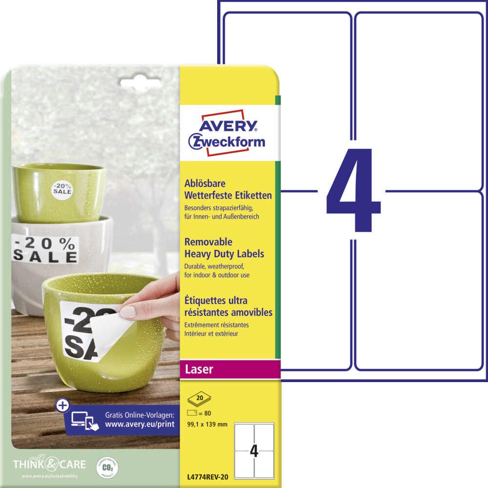 Avery Zweckform L4774REV-20 Wetterfeste Etiketten, ablösbar, 99,1 x 139 mm, 20 Bogen/80 Etiketten, weiß