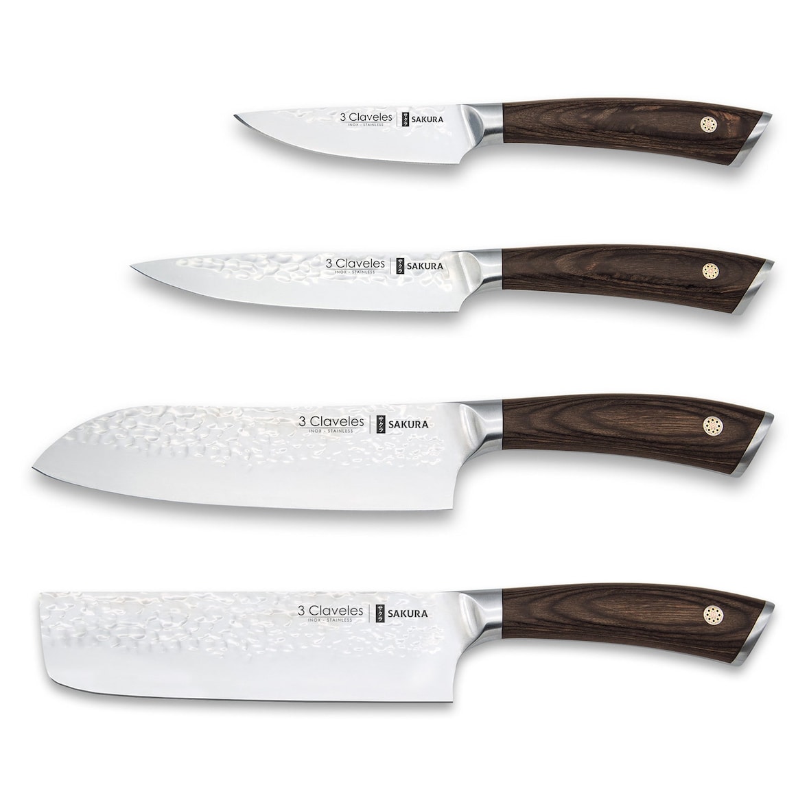 3 Claveles Sakura - Juego Premium de 4 Cuchillos Acero Forjado con Hoja Martilleada