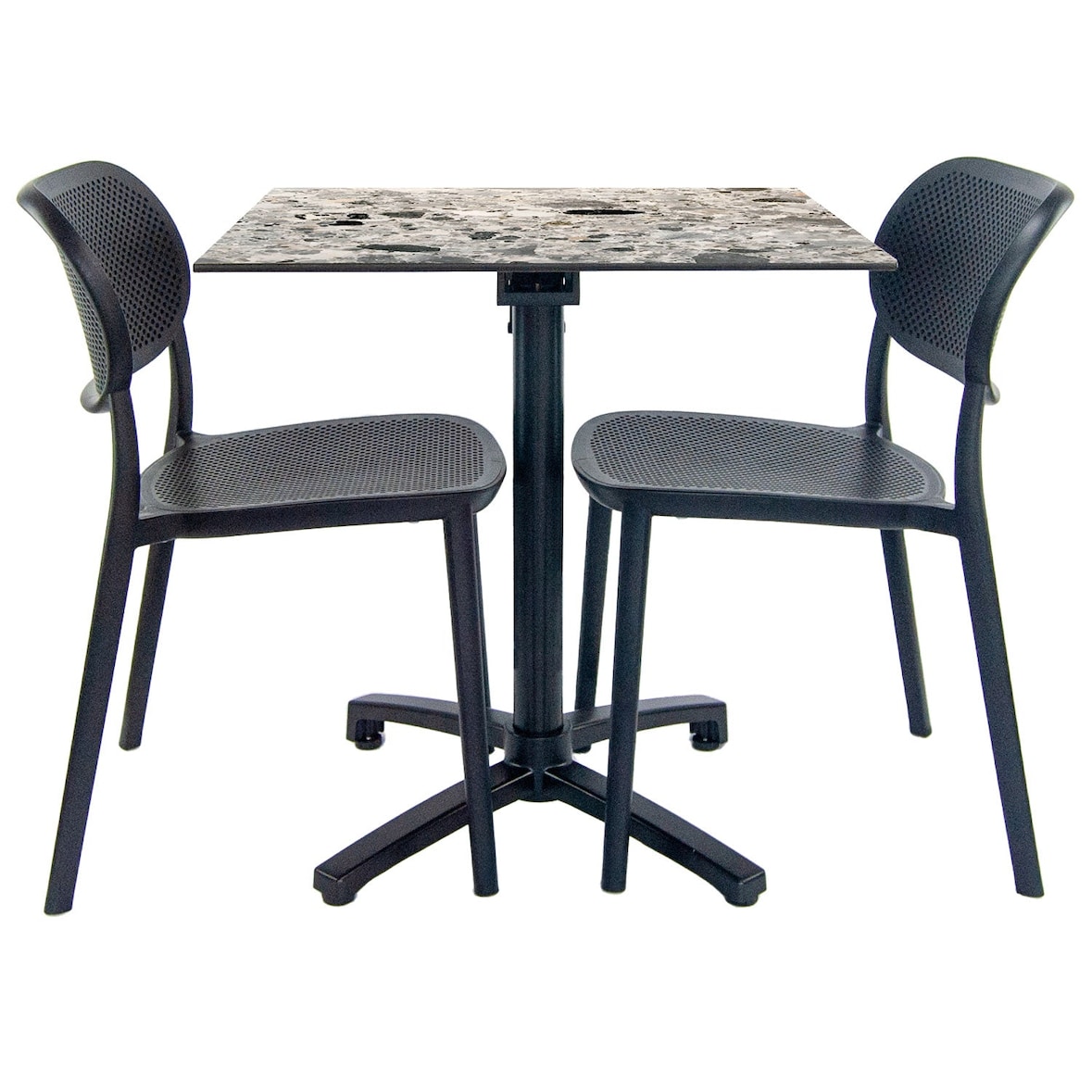 Restootab - set tavolo pieghevole da esterno 70x70cm con 2 sedie, piano laminato HPL ciottoli