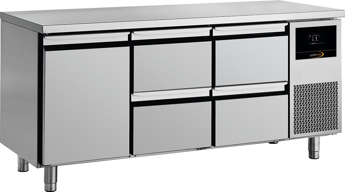 Cookmax Kühltisch GN 1/1 mit
1 Tür und 4 Schubladen, ohne Aufkantung