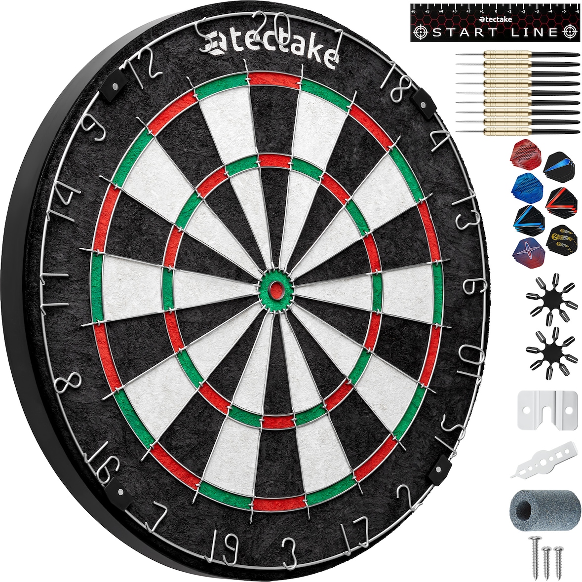 tectake Dartbord Bully met 9 pijlen, 21 flights en accessoires - zwart / wit - 405616
