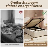 thumbnail of Einzelbett 90x200 mit hydraulischem Stauraum gepolstertem Kopfteil Bouclé-Stoff stabilem Lattenrahmen geräuschdämpfenden Polstern Beige