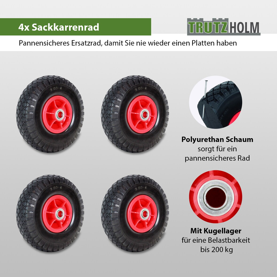 4x Sackkarrenrad PU-Rad 260x85 mm 3.00-4 60 mm versetze Nabe Ø 20 mm rot Vollgummi Bollerwagen
