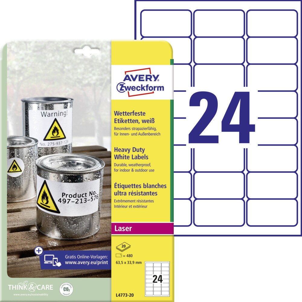Avery Zweckform L4773-20 Wetterfeste Folien-Etiketten, 63,5 x 33,9 mm, 20 Bogen/480 Etiketten, weiß