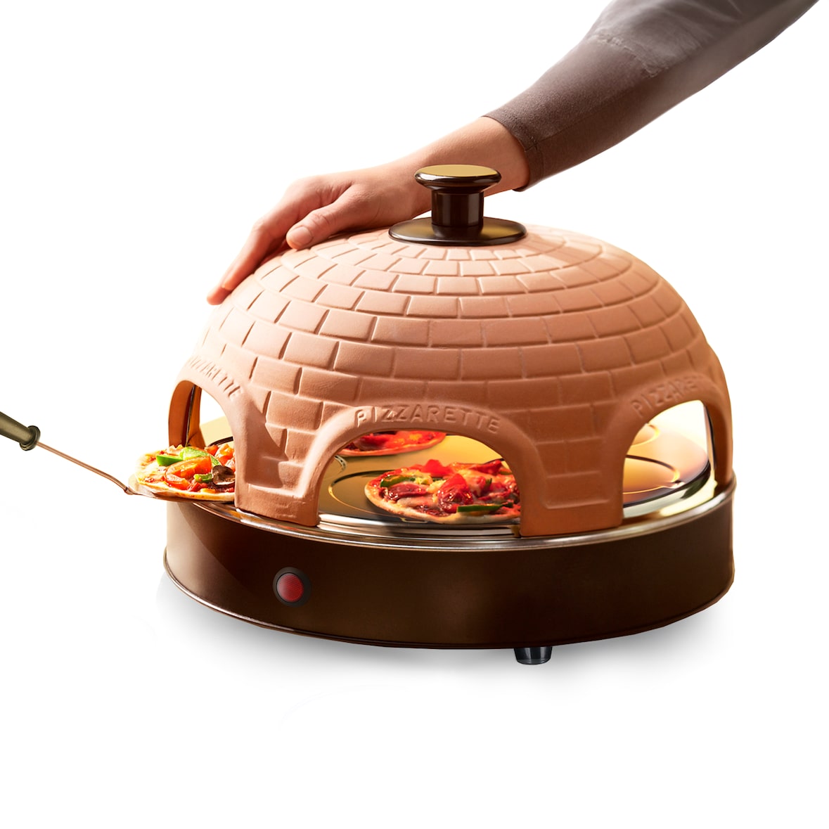 Emerio Pizzarette Original PO-115984 – 1200W – Pizzaofen für 6 Personen – Handgefertigte Terrakotta-Kuppel – Pizza Ofen – 6 Backspachteln - Cool Touch