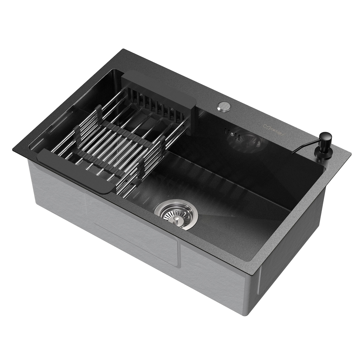 ML-Design Spülbecken Edelstahl 68 × 45 cm Anthrazit – Einbauspüle mit Abtropfkorb, Seifenspender & Ab-/Überlaufgarnitur, Einzelbecken mit Siphon