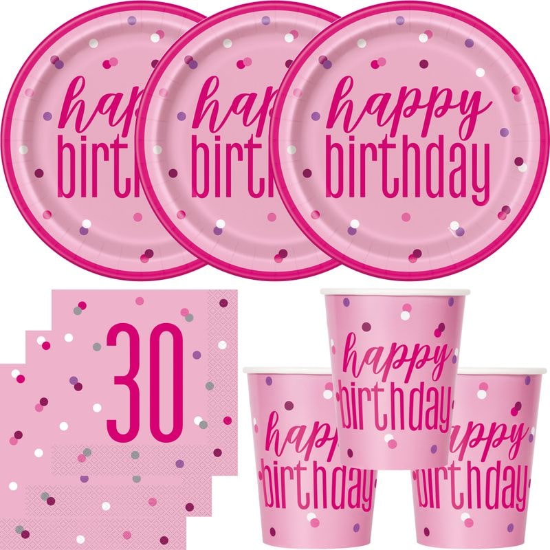 30. Geburtstag Partyset Einweggeschirr rosa pink 48 tlg. Partygeschirr Teller Becher Servietten