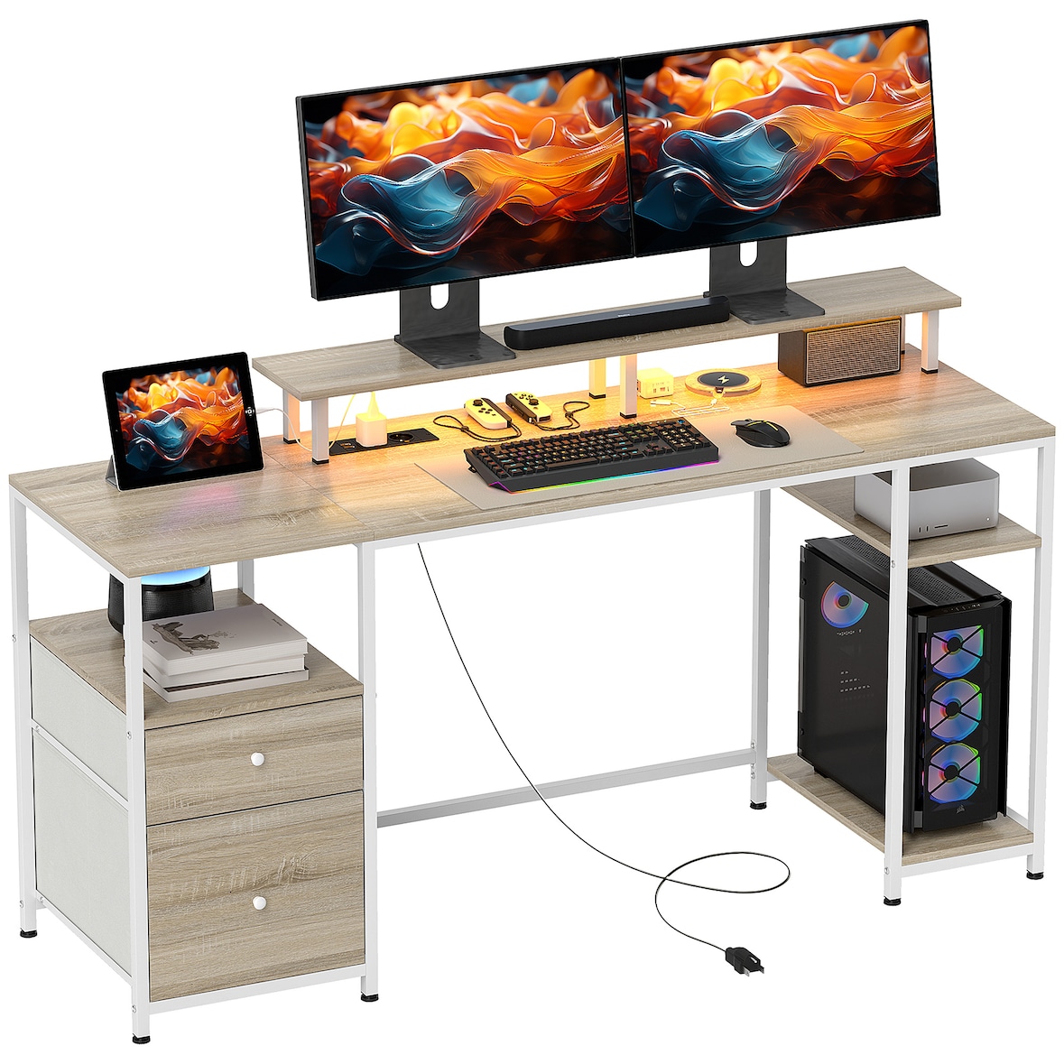 Mesa de escritorio mesa de ordenador con luces LED estantes cajones tomas de corriente puertos USB y soporte para monitor 155,5x48x75,5 cm natural