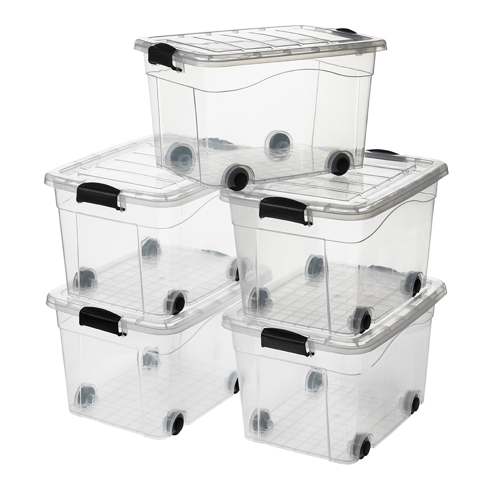 5 Stück Aufbewahrungsbox transparent 40 Liter mit Deckel und Klickverschluss 530 x 400 x 320 mm inkl. Rollen