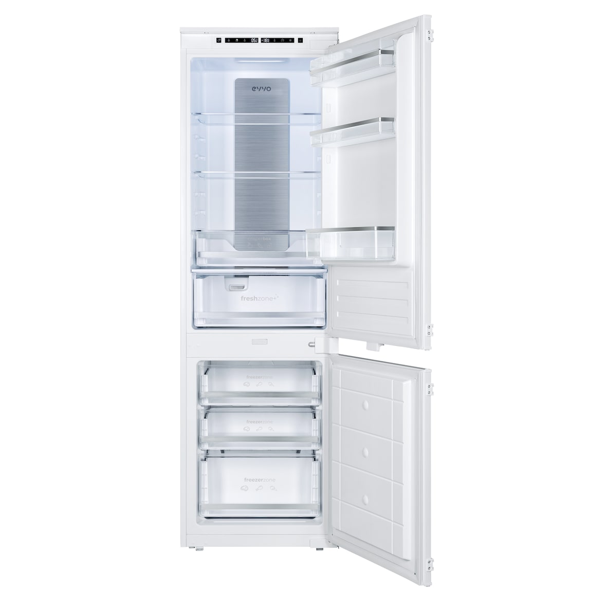 EVVO Frigorífico combi integrable Fi62, 151L  + 67L , cajón Chiller Zone, No Frost, modo ECO y Vacaciones, congelación rápida, silencioso