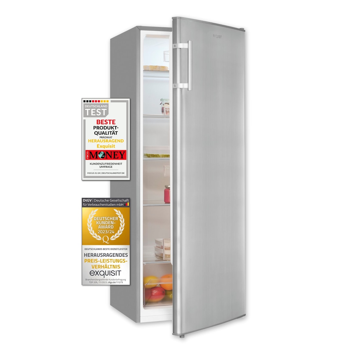 Exquisit Vollraumkühlschrank KS320-V-H-040D inoxlook | Nutzinhalt: 242 L | 5 Glasablagen | LED-Beleuchtung | Ohne Gefrierfach