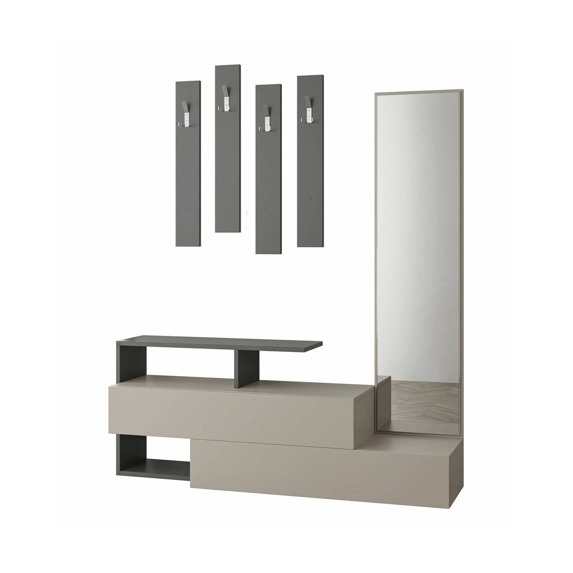Dmora Mobile da ingresso Dmartíne, Entratina appendiabiti, Composizione per atrio, 137x35h55 cm, Tortora e Antracite