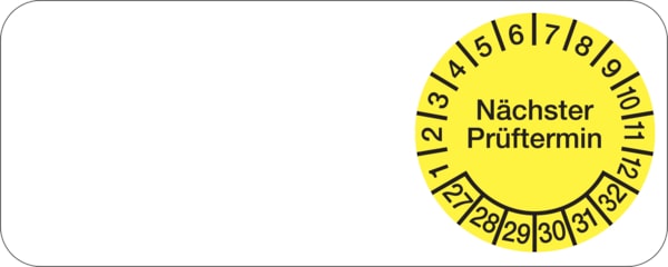 Kabelprüfplakette ab 27, Nächster Prüftermin, Gelb/Schwarz - Bogen = 5 Plaketten - 50 x 20 mm Folie selbstklebend