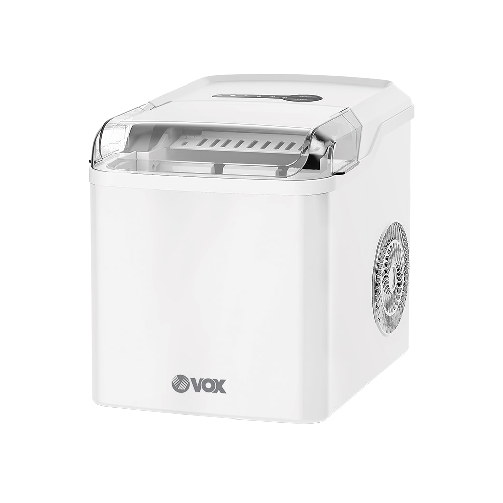 Maq. Fazer Gelo VOX EM1001; Depósito: 1,8L; Ruído até 60dB; Produção de gelo: 12kg /24h; Luz indicadora do nível - água e gelo; Potência 100W
